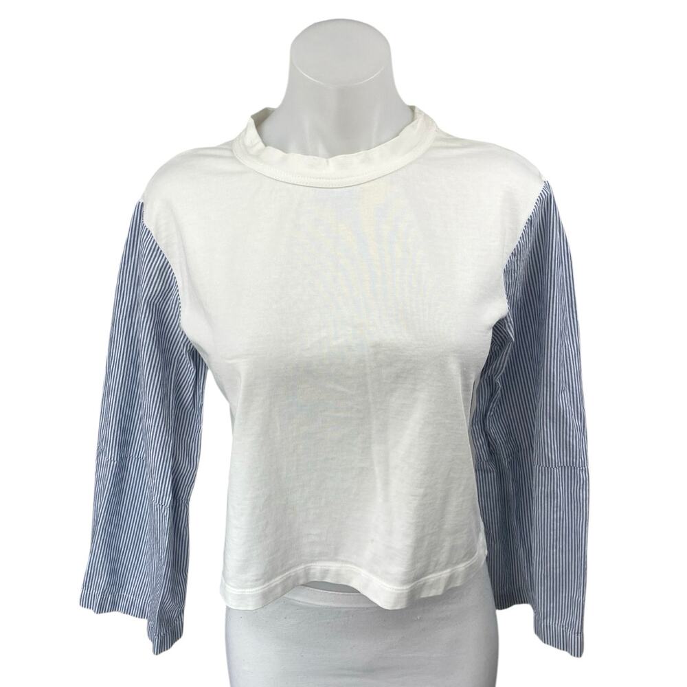 Club Monaco Women's White Blue Striped Long Sleeve Crew Neck Shirt Crop Top Sz S